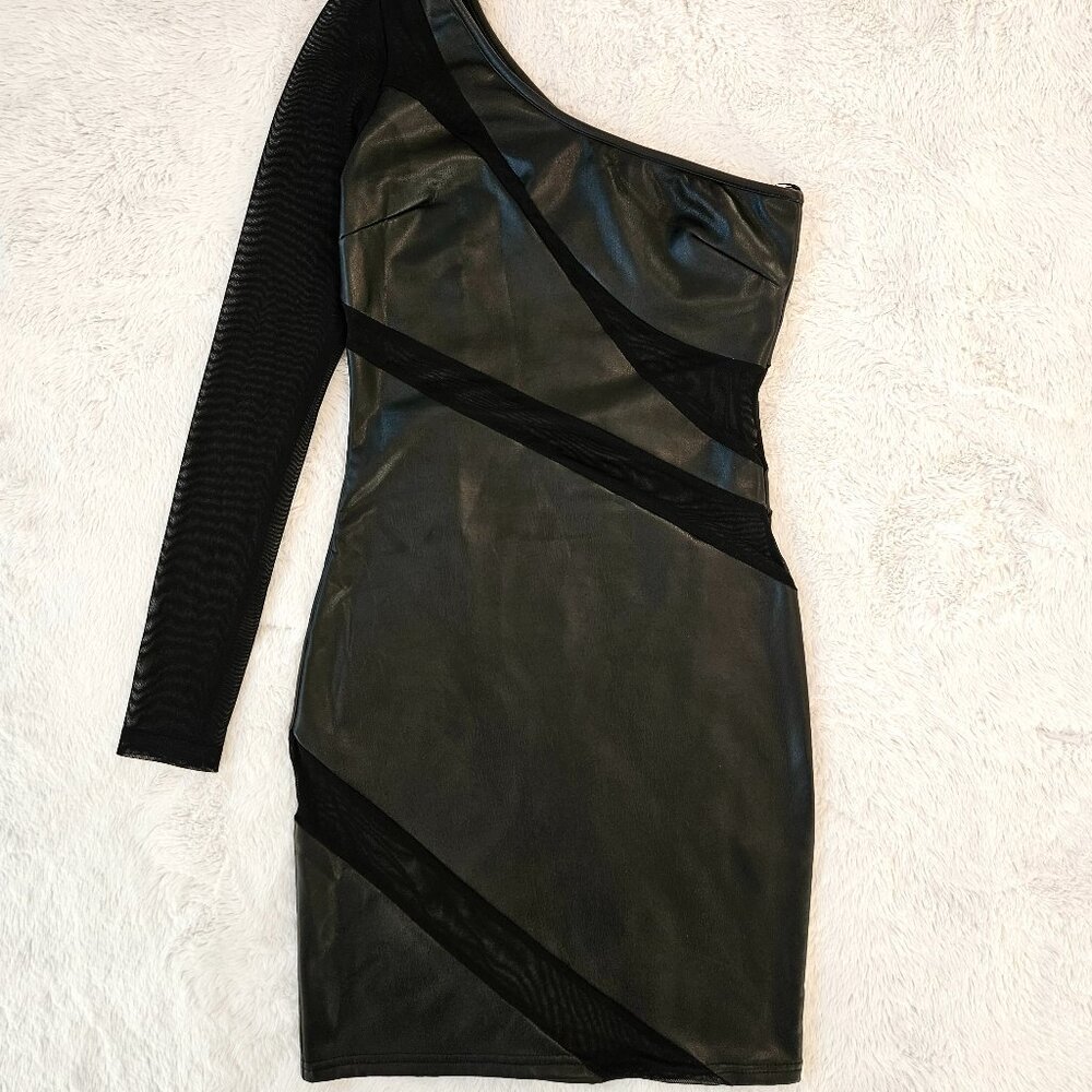Forever 21 Short Mini Dress One-shoulder Black Faux Leather Mesh Inserts Size S